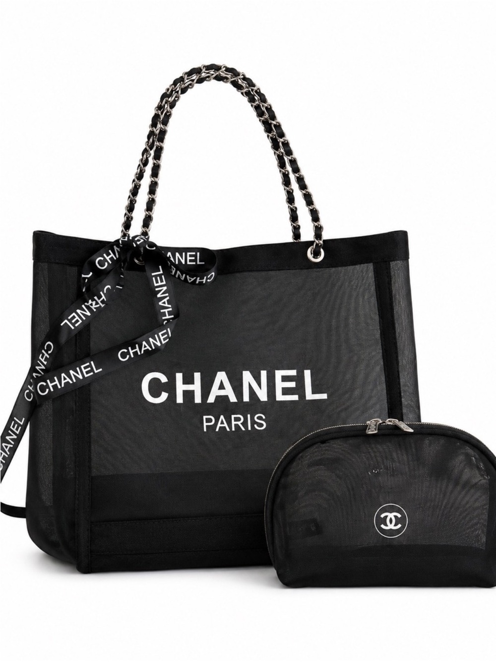 Chanel Black Mesh Beach Bag Tote w/ Matching Black Pouch • NEW IN PACKAGE